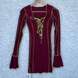 Serena Eartha Burgundy Lace Up Bodycon Dress Bell Sleeve Neon Trim Size Size‎ XS